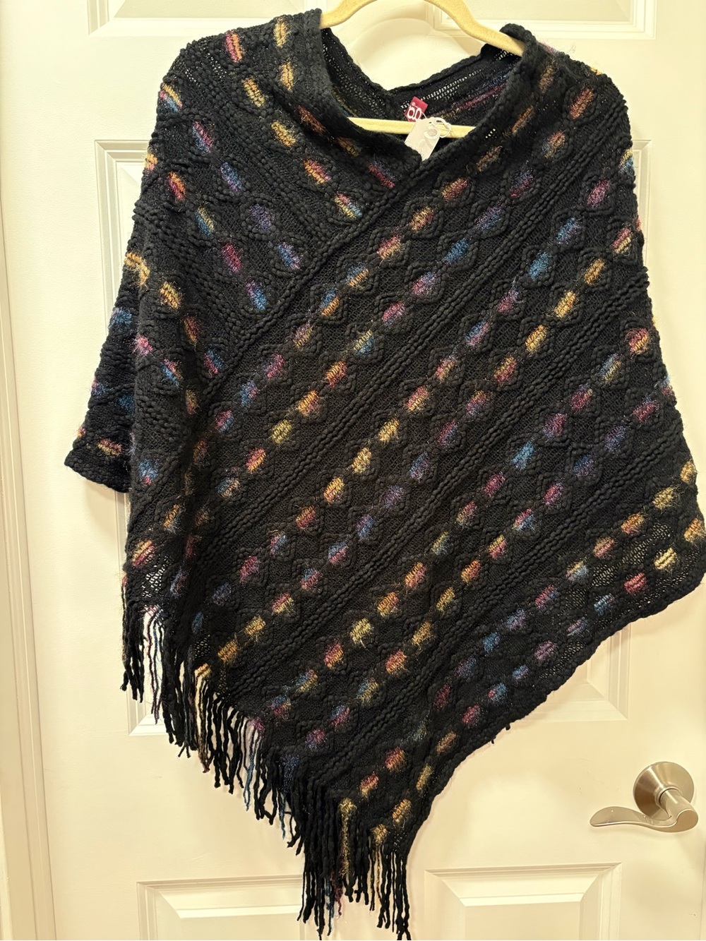 g by Gina Black Knit Fringe Poncho with Multicolor Accent